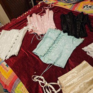 6 SATIN CORSETS SML SIZE BEAUTIFUL ASSORTMENT PERFECT CONDITION STRONG BONING